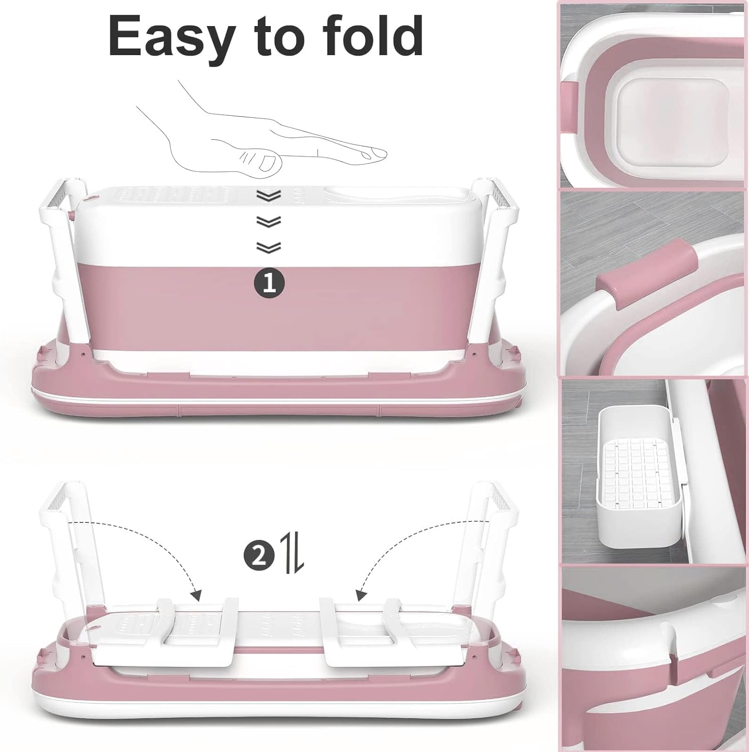 USOR 120Cm Foldable Bathtub for Adults, Portable Soaking Bath Tub with Insulated Cover, Thickened PP/TPE Collapsible Spa Tub for Small Bathroom & Indoor Outdoor Pink image number 3