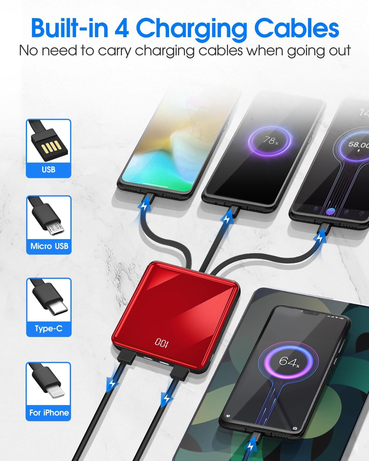 Power Bank with Built in Cables, 10000Mah Slim Portable Charger LED Display, Small External Battery Pack with 4 Inputs and 5 Outputs Phone Charger for Iphone Samsung Huawei Ipad Etc (Red) image number 4