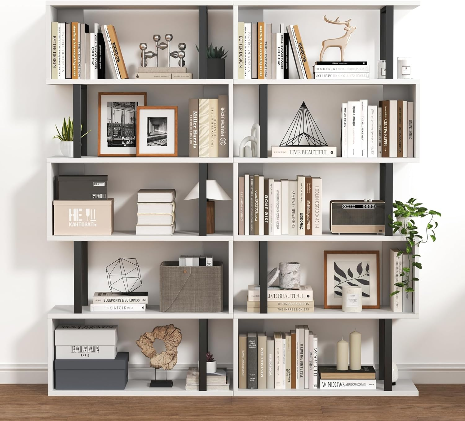 HOMEFORT 5-Tier S-Shaped Bookcase, Geometric Bookshelf for Living Room & Bedroom, Modern Wood & Metal Storage Shelf, Freestanding Display Shelves, Space-Saving Tall Book Shelf White and Black image number 4