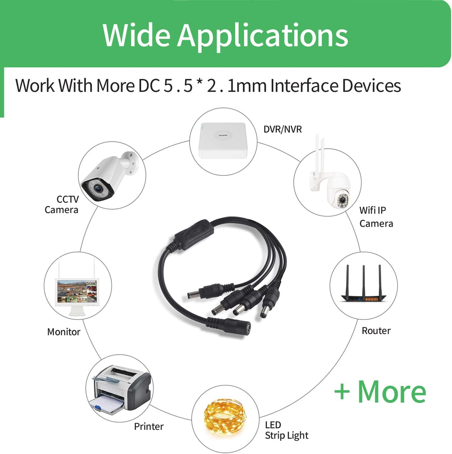 2Pack 1 to 4 Way DC Power Splitter Cable Barrel Plug 5.5Mm X 2.1Mm for CCTV Cameras DVR LED Light Strip and More image number 1