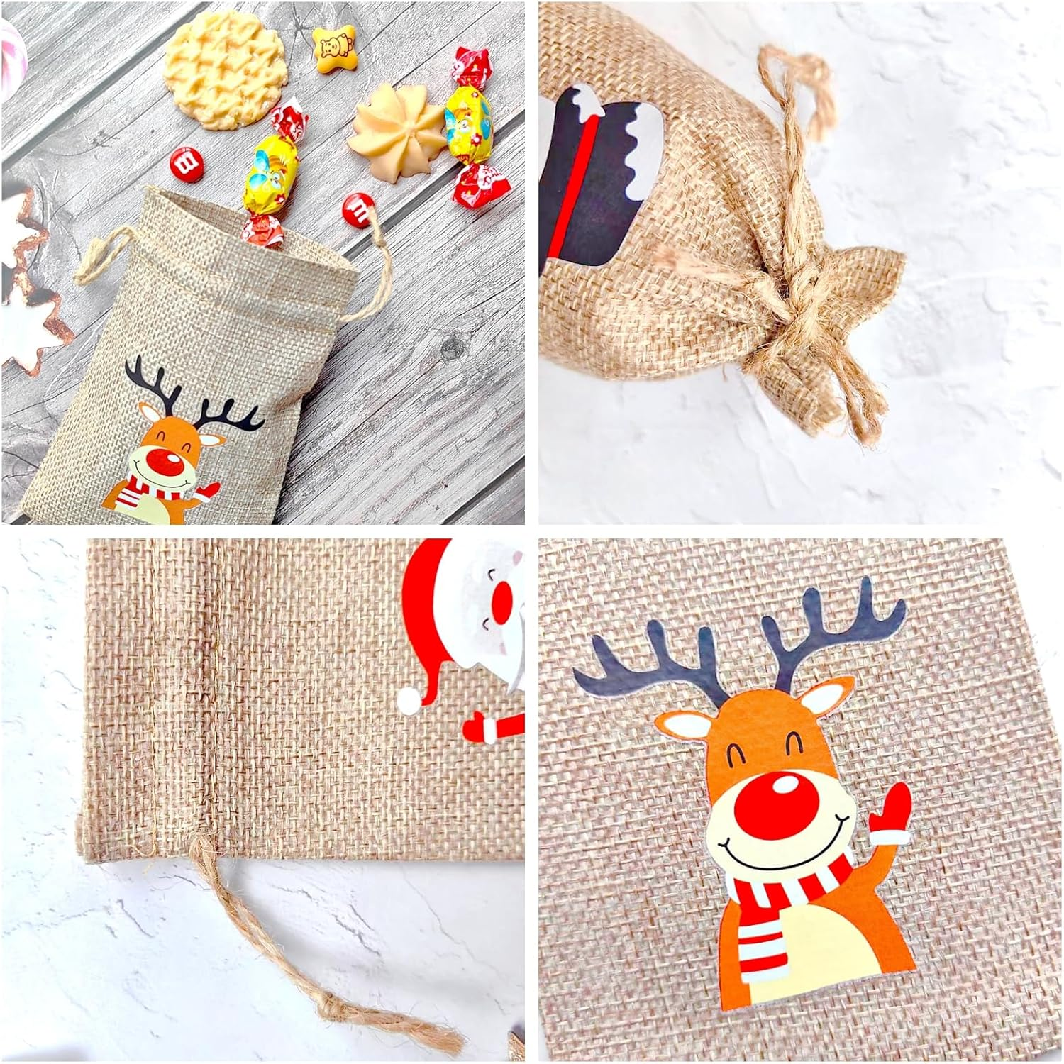 12 Pack Christmas Linen Bags, 10 X 15 Cm Bags, Candy Goodie Treat Bags, Drawstrings Burlap Bags for X&lsquo;Mas Party, Reusable Wrapping Bags (12 DESIGNS) image number 2