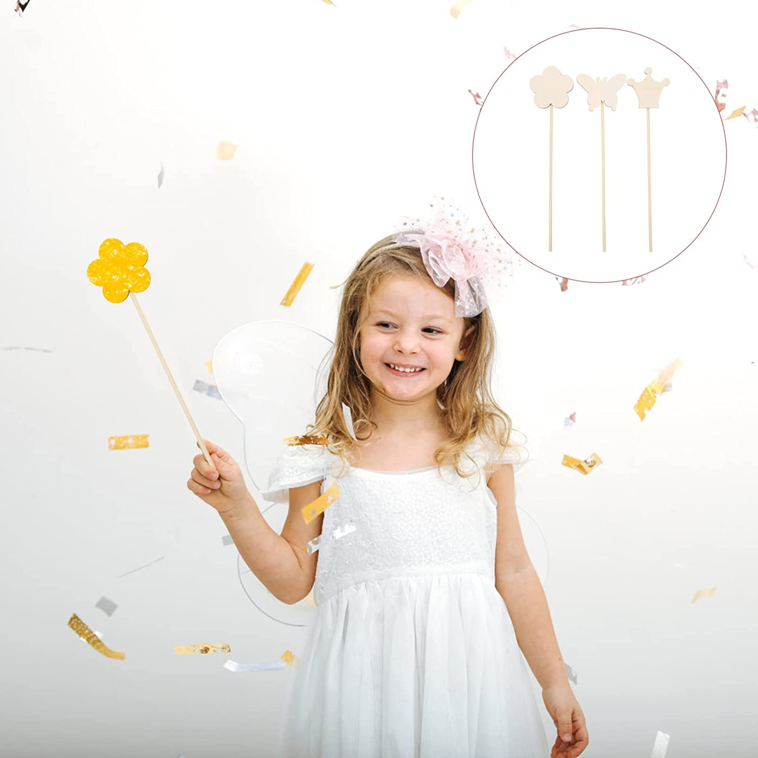 Toddmomy 14Pcs Make Your Own Princess Wand Unfinished Fairy Wand Stick Wooden DIY Crafts Moon Star Heart Crown Butterfly round Magical for Girls Art Show Cosplay Costume image number 5