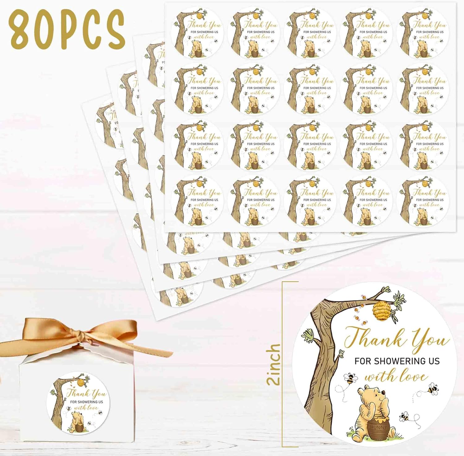 2 Inch 84Pcs Cute Thank You for Celebrating with Us Stickers Winnie Bear Baby Shower Party Decorations, Classic Pooh Thank You Stickers image number 4