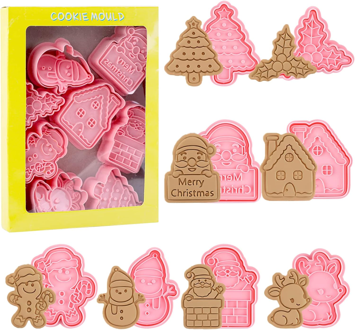 Christmas Cookie Cutters, Pack of 8 Plastic Cookie Stamps, Christmas 3D Cookie Cutters for Motif Cakes, Cake Decoration, Biscuits, Baking, Kitchen Accessories image number 4