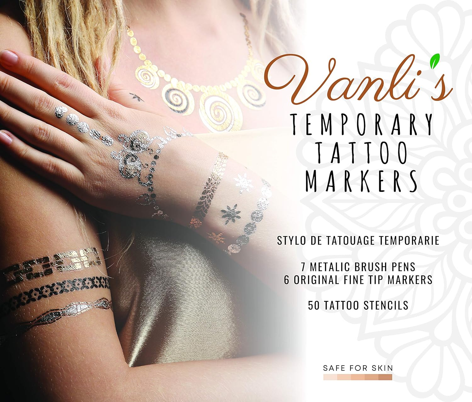 Vanli'S Temporary Tattoo Markers - Stocking Stuffers for Teens, Kids, Adults, Trendy Body Marker, Skin Safe & Colored Ink Tattoo Pens for Body & Face Art with 50 Tattoo Stencil Papers, 13 Pens-Variety image number 5