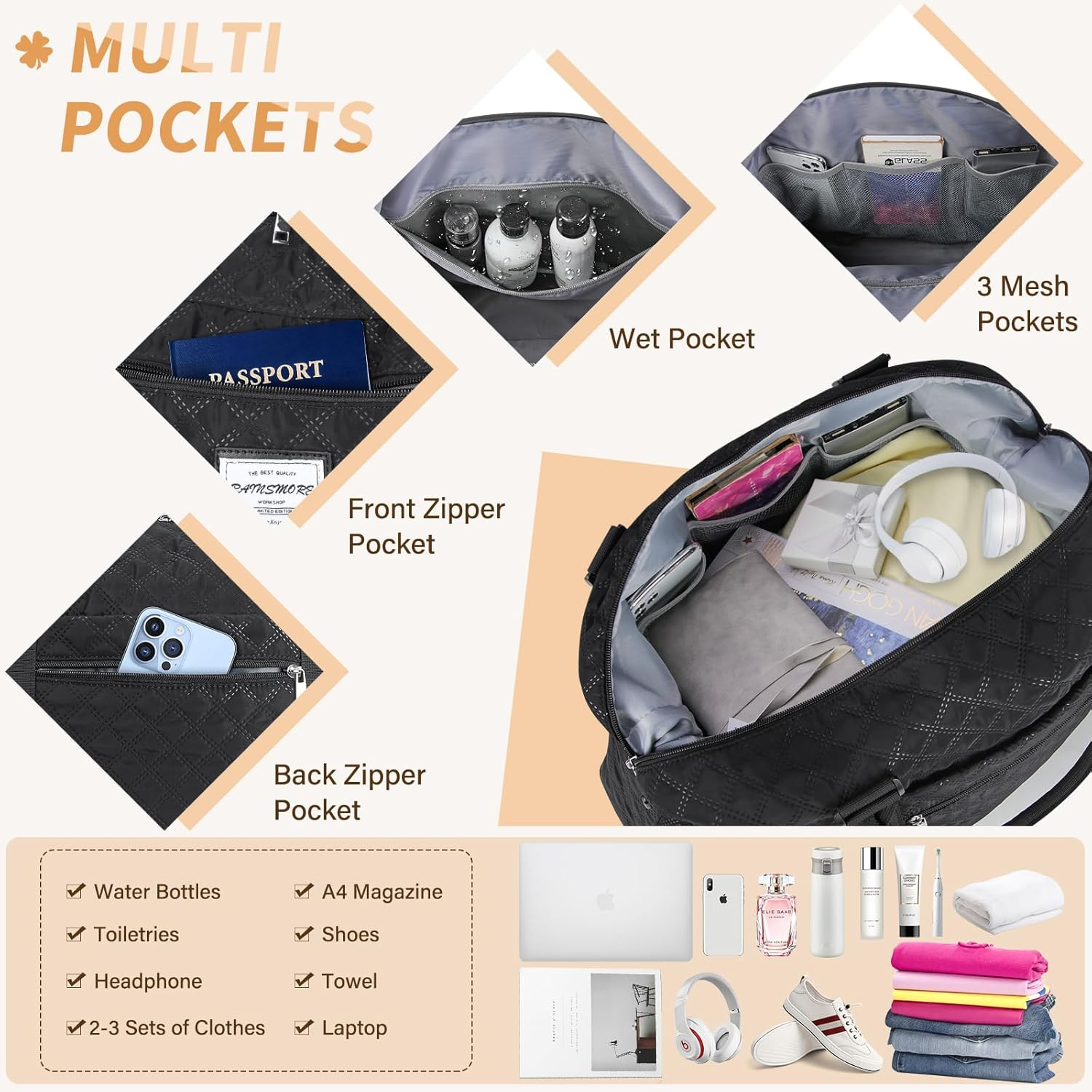 Sports Gym Bag Travel Duffle Bag Women Weekender Bag Carry on Bag for Airplane Overnight Shoulder Bag with Wet Pocket Duffel Bag for Travel, Gym, Yoga image number 3