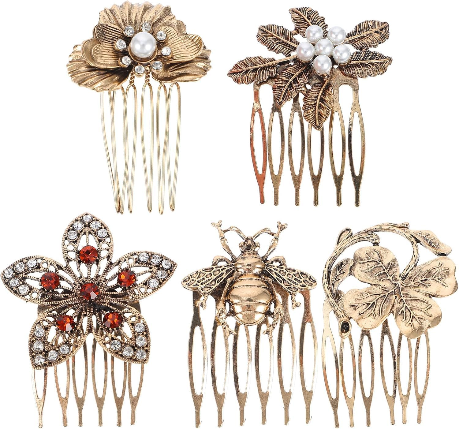 5Pcs Vintage Hair Side Combs Retro Diamonds Hair Comb Barrette French Hair Pin Decorative Hair Combs Women Fashion Flower Girls Accesories for Wedding Accessories (Gookin, One Size) image number 3