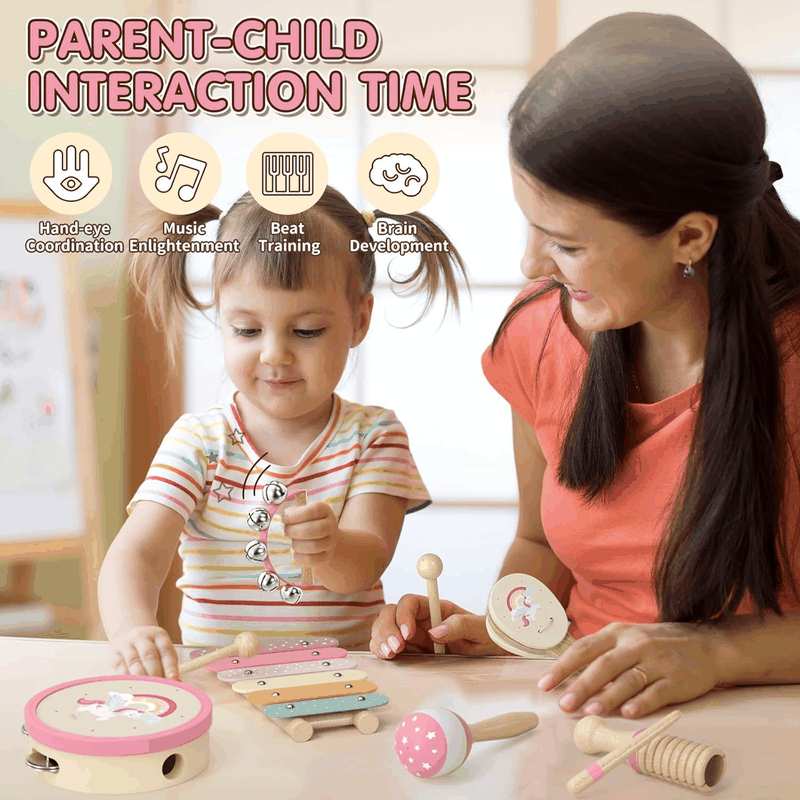Lehoo Castle Wooden Montessori Musical Instruments Set, Toddler Toys with Xylophone, Tambourine, Drum, Clarinet, Hand Bells, Unicorn Theme image number 5