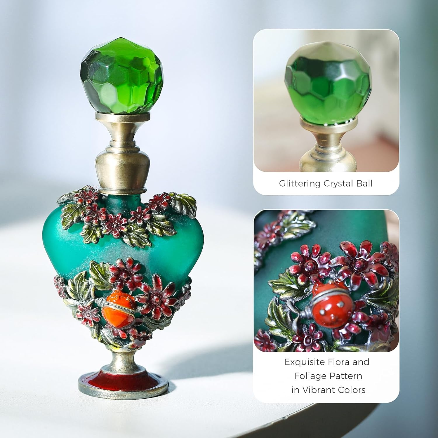 5ML Vintage Heart-Shaped Glass Perfume Bottle Empty Refillable Mini Decorative Fragrance Container for Essential Oil Home Decor Lady Wedding Gift, Dark Green