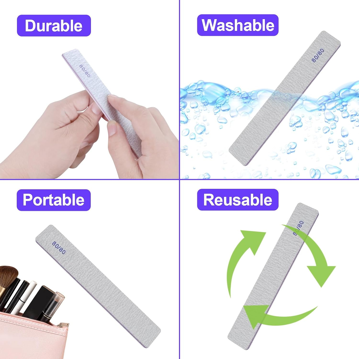 80/80 Grit Nail Files (50 Pack), Heavy Coarse Emery Boards for Acrylic Nails and Gel Nails, 80 Grits Double Sided Nail File Emory Professional Nail Filer Reusable Washable Manicure Square Gray image number 2