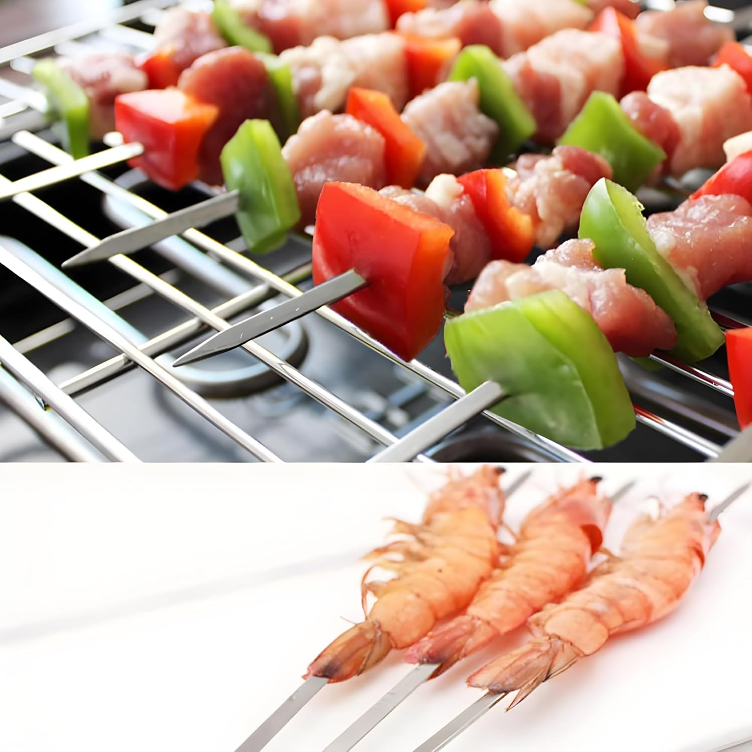 16.5 Inch Stainless Steel BBQ Skewers with Wood Handle, 6 Pack Flat Reusable Kabob Sticks for Grilling Meat, Shrimp, Chicken, Vegetables image number 1