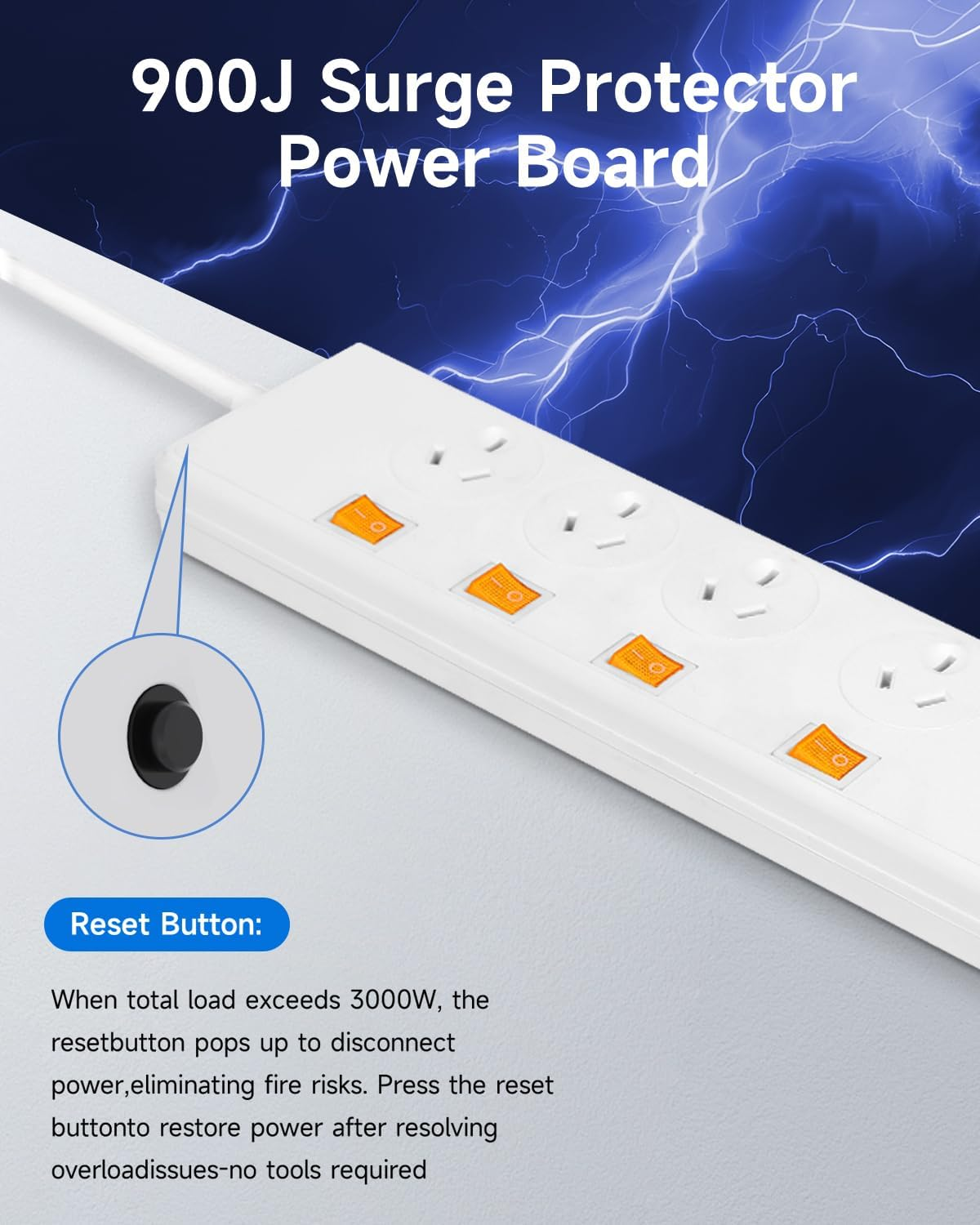 Surge Protector Power Board - 6 Widely Outlets with Individual Switch, LERLIUS Power Strip with 1.5M Extension Cord, 900J Surge Protection, Wall Mount, 2400W/10A/240V, White image number 3