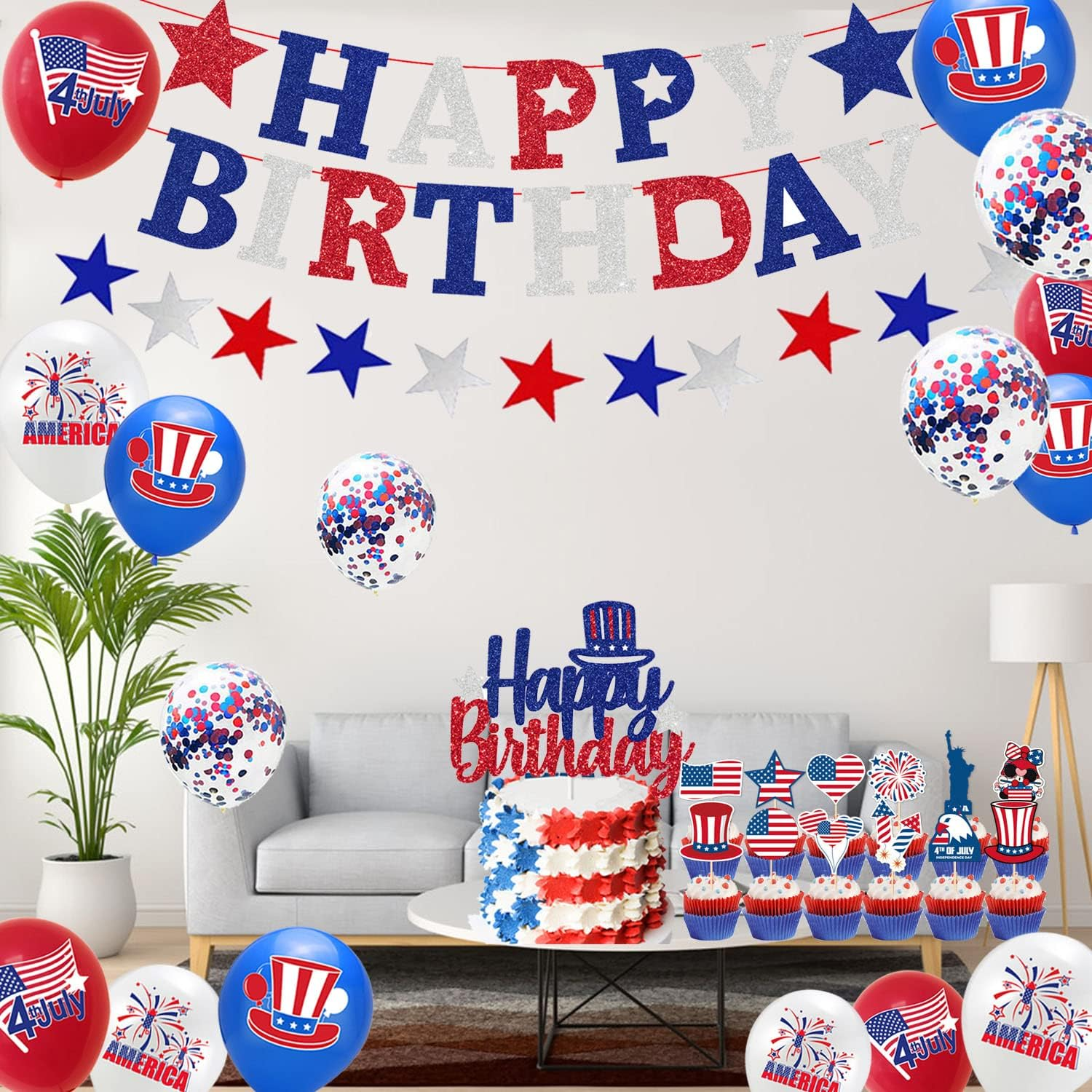 Patriotic Birthday Decorations 4Th of July Birthday Party Supplies Banner Garlands Cake Topper Cupcake Toppers Latex Balloons Independence Day Birthday Party Decorations image number 1