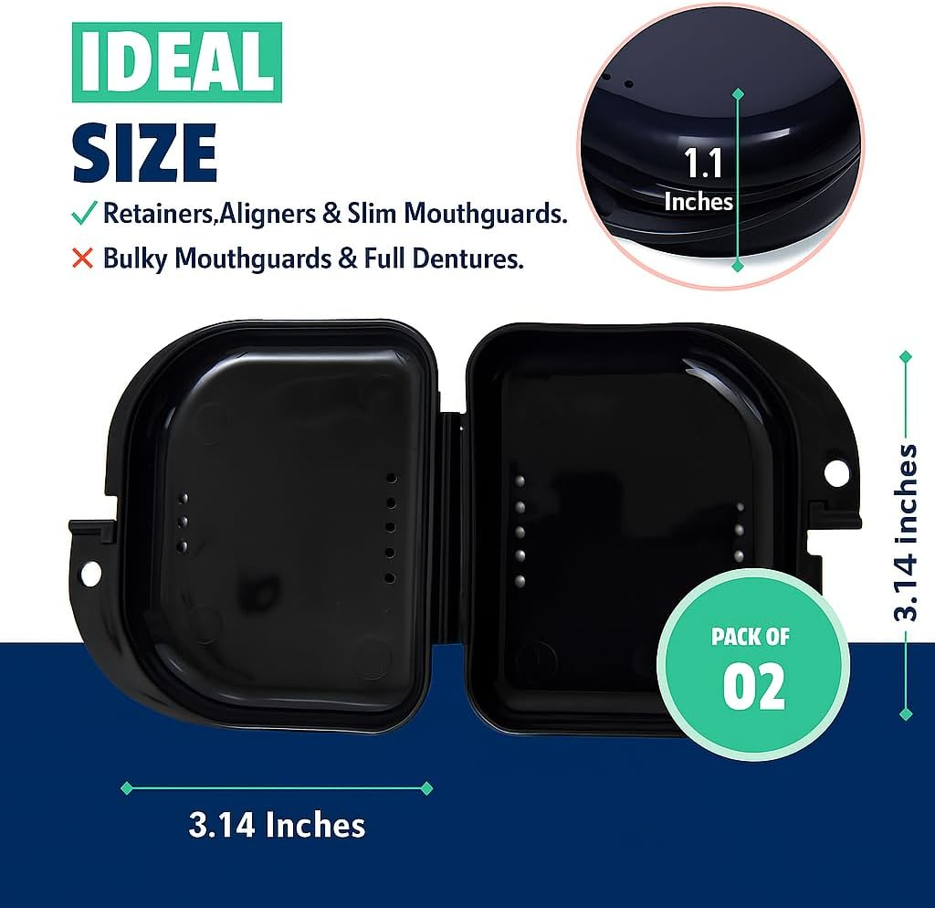 Retainer Case - Pack of 2 - Odorless Mouth Guard Case-Retainer Holder-Ventilated, Durable & Hygienic Night Guard Case for Carrying and Protecting Braces, Partial Dentures & Aligners-3.14 X 3.14 X 1.1 image number 1