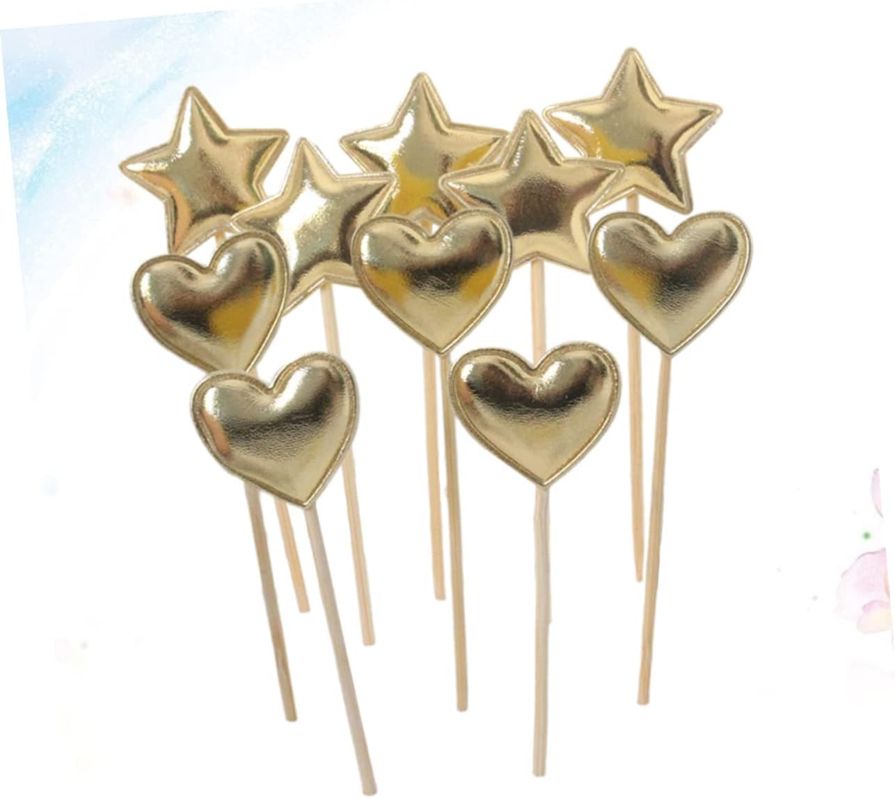 50Pcs Gold Heart and Five-Pointed Star Cake Picks for Party Dessert Toppers Wooden Cupcake Picks for Wedding Baby Shower Birthday Food Fruit Decoration