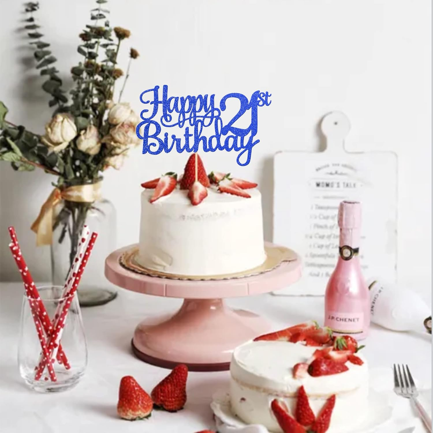 1 Pack Happy 21St Birthday Cake Topper Glitter Cheers to 21 Years Birthday Cake Pick Twenty One 21 Fabulous Cake Decoration for Happy 21St Birthday Theme Party Decorations Supplies Blue image number 2