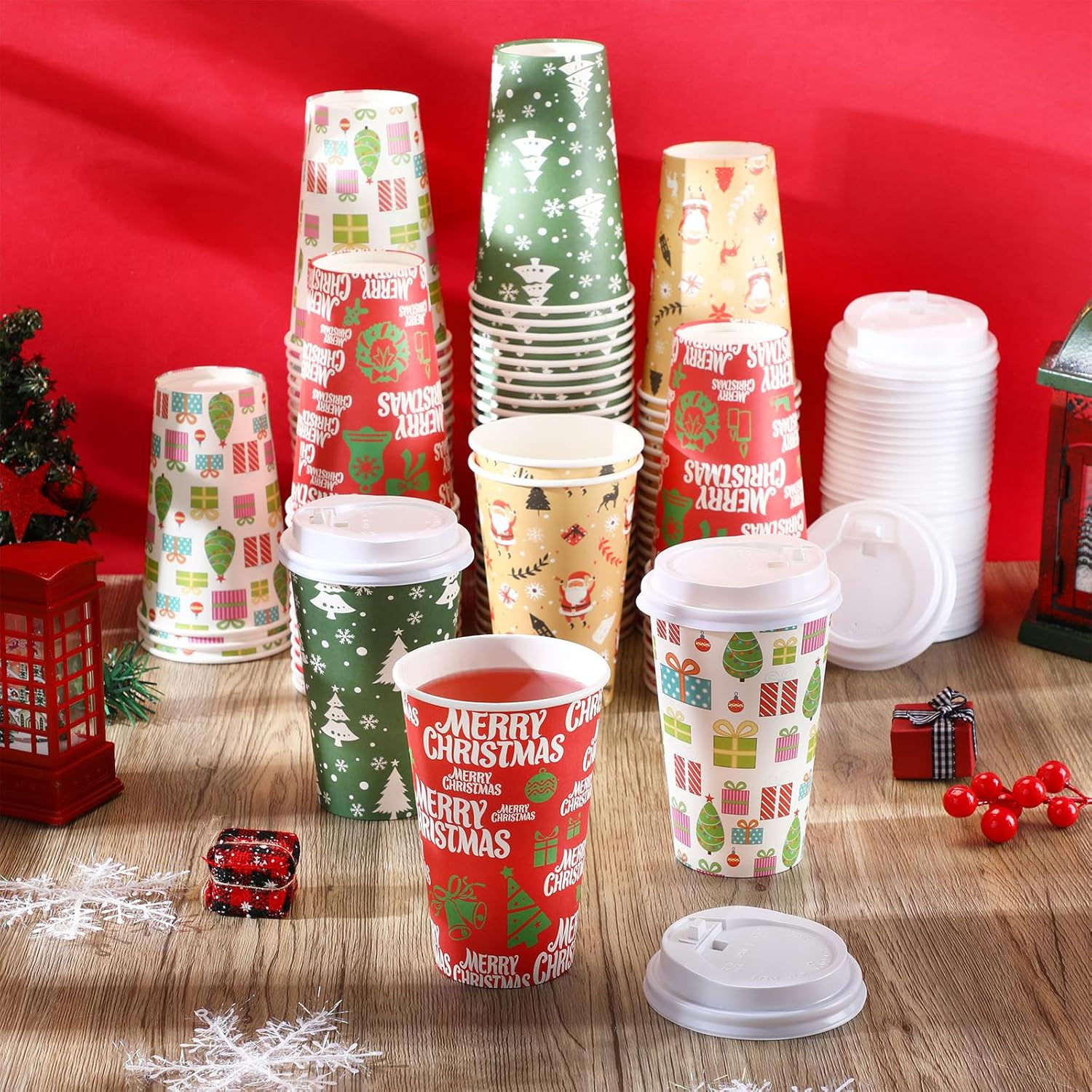 Zhehao 100 Pcs Christmas Paper Cups with Lids 16 Oz Disposable Hot Chocolate Cups Xmas Hot Cocoa Party Supplies for Coffee Tea Water Hot Cold Beverages image number 3