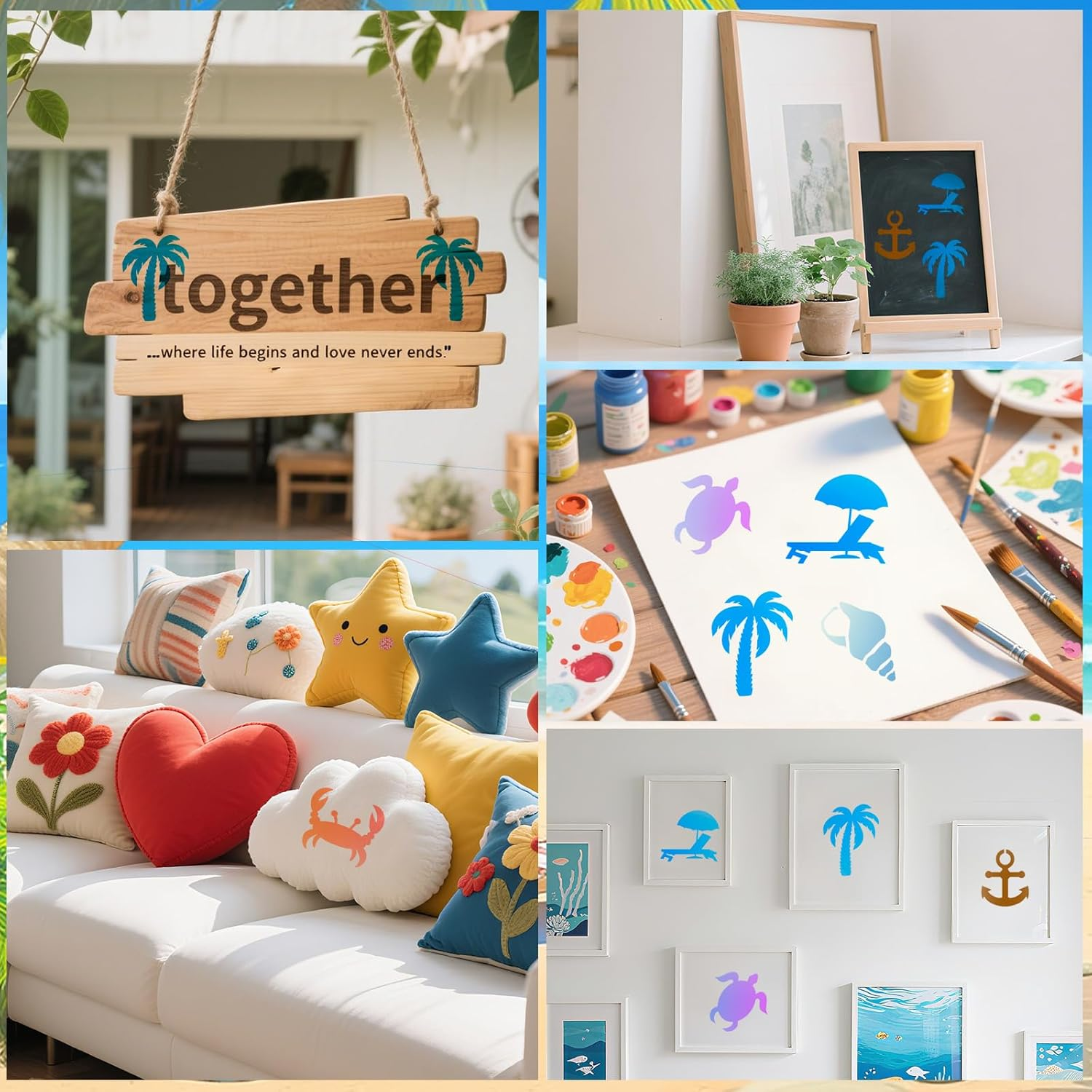 70Pcs Ocean Stencils for Painting, 3X3In Plastic Sea Life and Beach Stencils Ocean Creatures Palm Tree Patterns for Wood Canvas Rocks & DIY Crafts