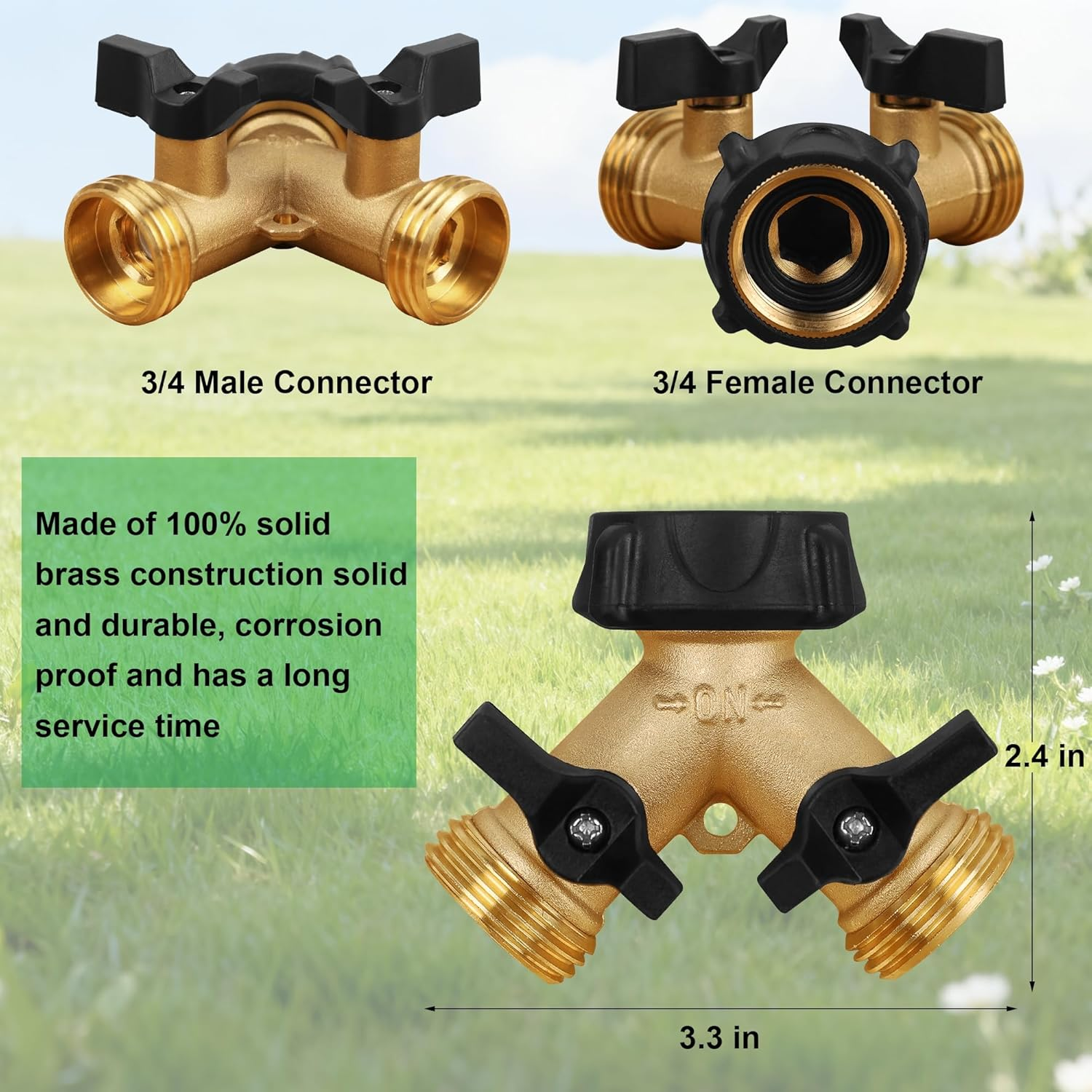 Biswing 2 Pack Garden Hose Splitter 2 Way, Heavy Duty Brass Connector Tap Splitter, Y Splitter 2 Valves with 4 Extra Rubber Washers image number 5