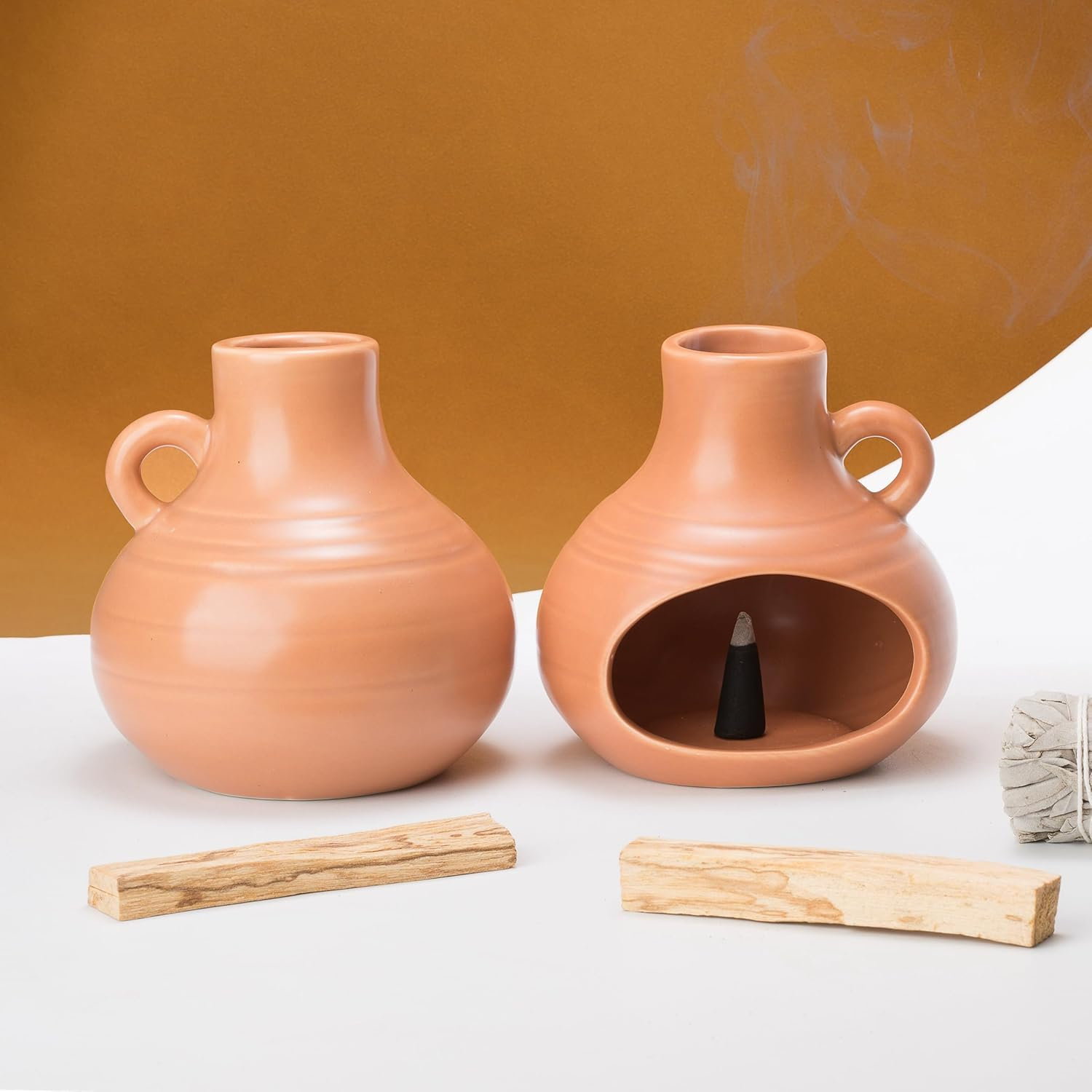 3 in 1 Holder Burner, Modern Chiminea Incense Burner for Palo Santo Sticks Cones Sage Bundles, Ceramic Smudge Bowl, Meditation Yoga Home Decor (Terracotta)