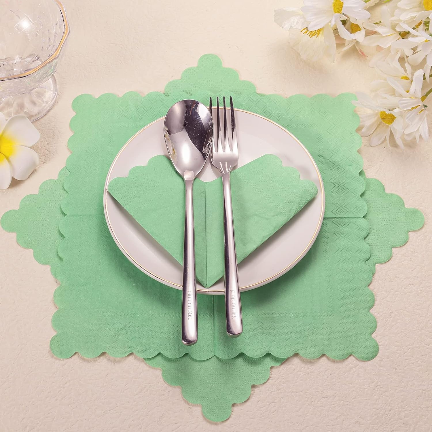 SAVITA 100Pcs New Sage Green Napkins, 10X10 Inch Scalloped Sage Green Paper Cocktail Napkins Disposable Party Sage Napkins for Wedding Birthday Party Dinning Supplies image number 3