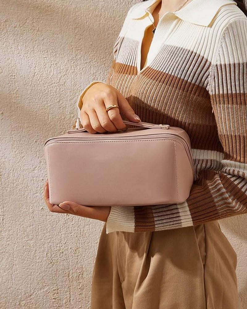 Travel Makeup Bag, Large Capacity Cosmetic Bags for Women, Waterproof Portable Pouch Open Flat Toiletry Bag, Make up Organizer with Divider and Handle (Pink) image number 2