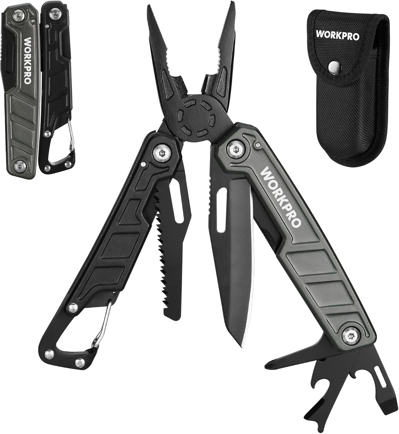 WORKPRO 11-In-1 Stainless Steel Multitool Pliers - EDC Multi-Tool with Safety Lock, Pocket Clip & Sheath - 220G Camping Knife, Screwdriver, Saw, Wire Cutter & Bottle Opener image number 1