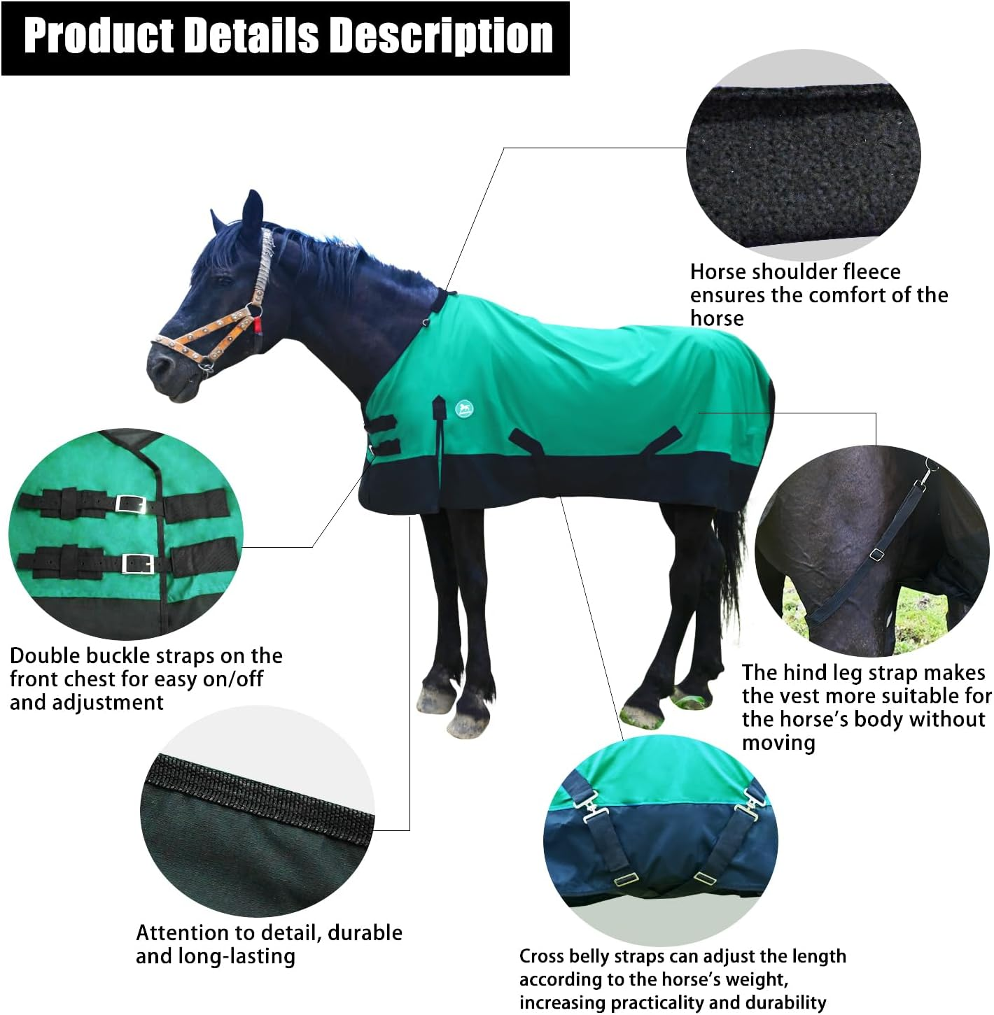Waterproof Horse Blanket|Waterproof and Breathable Horse Care Blankets|Horse Blankets for Real Horses|Stands up to the Elements, Keeping Your Horse Warm and Dry(66Inch-Green) image number 1