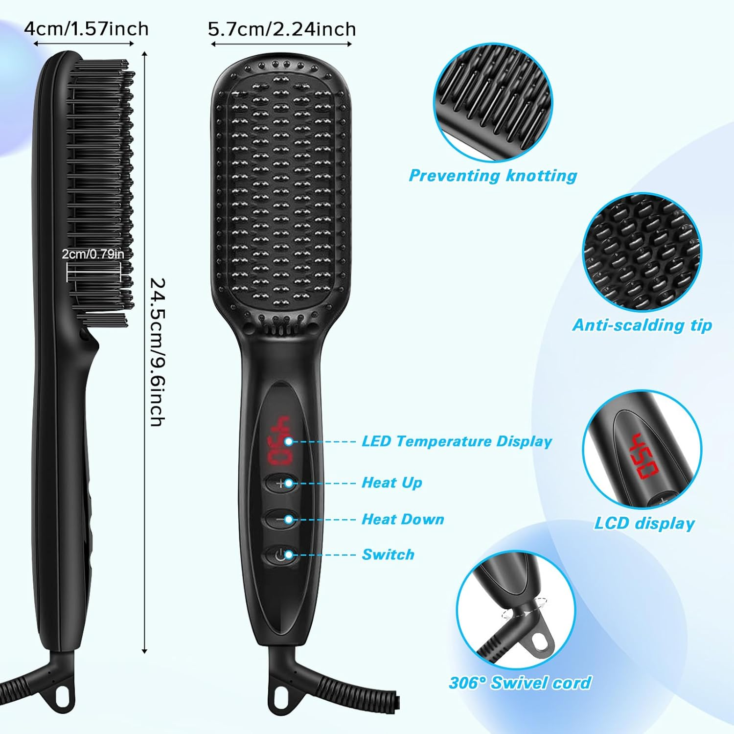 Hair Straighteners Brush,Yakiter,Hair Straightener Brush with 30S Fast Heating & 12 Temperature Settings, Anti-Scald Beard Brush with LCD Display, Multifunctional Straightening Brush image number 2