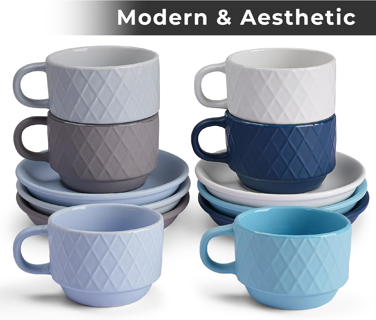 MIAMIO - 6 X 75 Ml Stoneware Espresso Mug, Cup Set Modern with Stand and Saucers - Palmanova Collection (Ocean Blue) - Magma Red image number 5