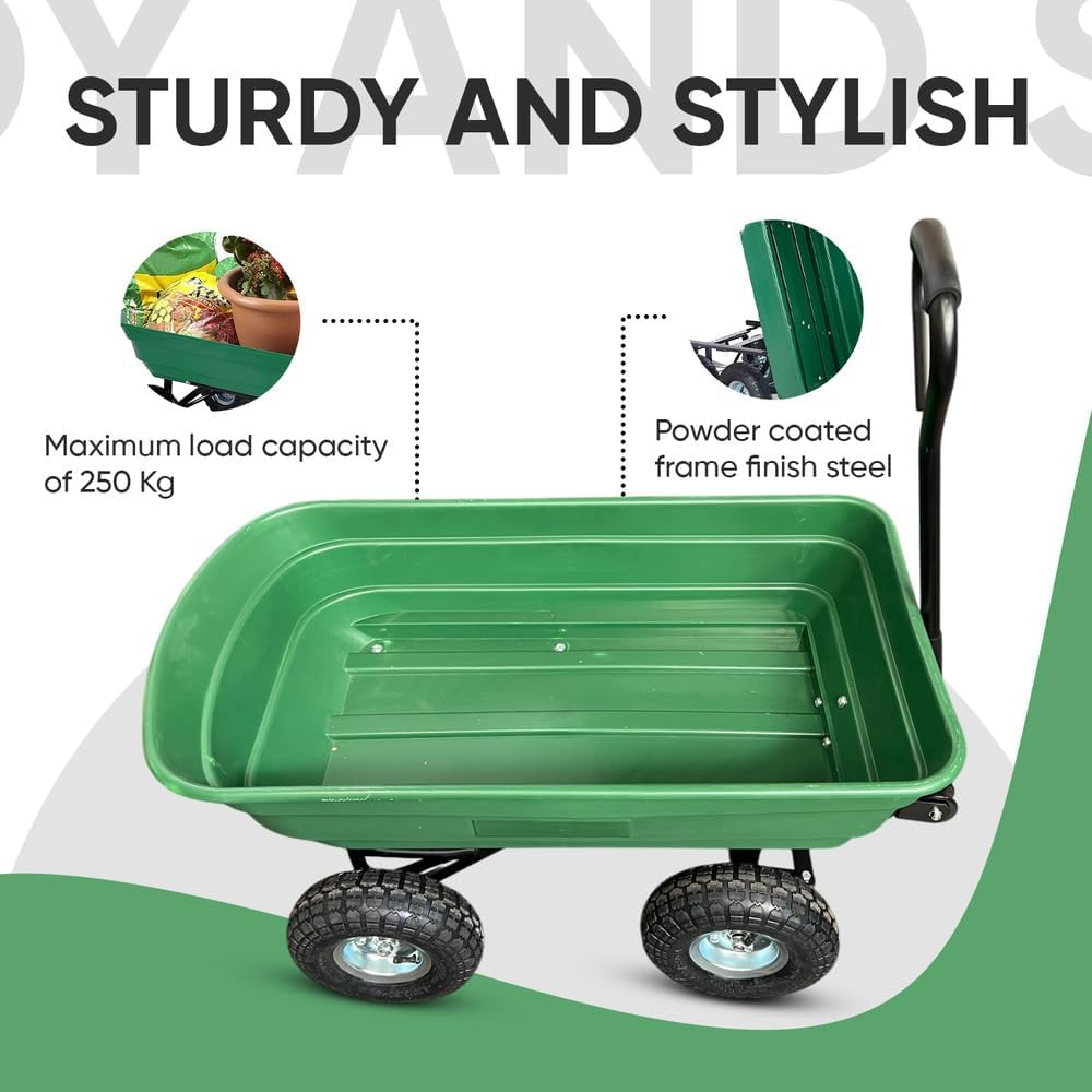 Garden Dump Cart with Heavy Duty Steel Frame,10 Inch Pneumatic Tyres Maximum Load Capacity of 250Kgs (Green), Garden Trolley Cart, Camping Wagon Cart, Beach Trolley, Beach Outdoor Cart image number 4