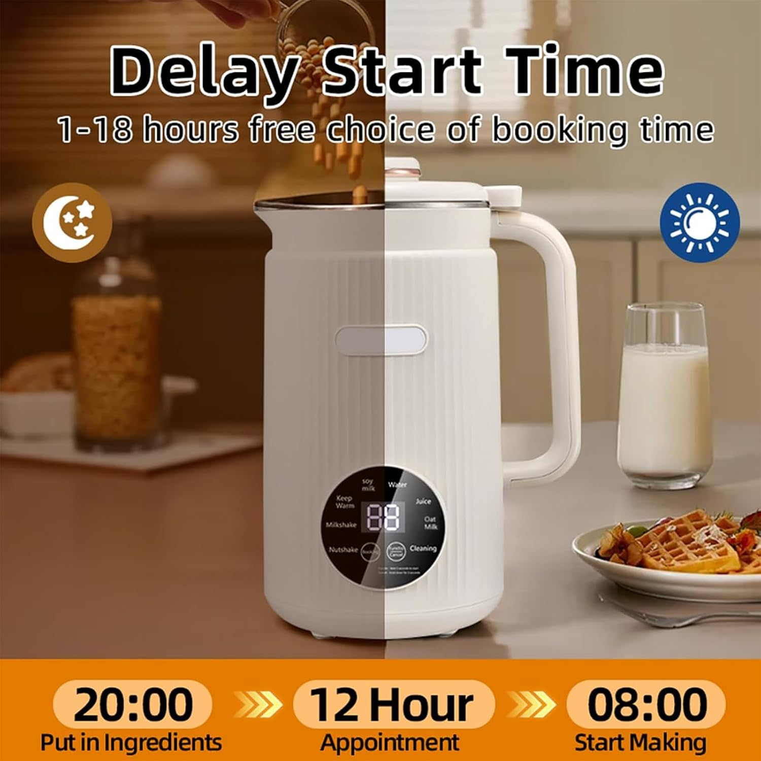 Soy Milk Maker, 1200ML Soybean Milk Machine with 10 Blades, for Homemade Almond, Oat, Plantmilk, Rice Paste, Nut, with 12H Timer, 2H Keep Warm, Delay Start, Auto-Clean image number 3