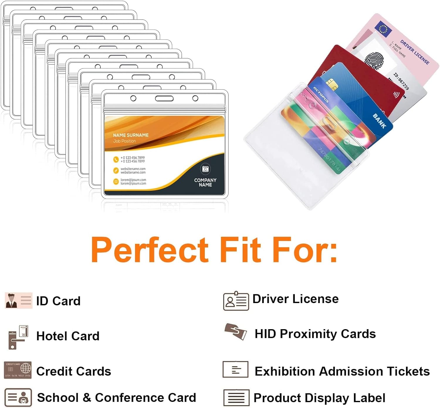 Badge Holder, 20 Set Horizontal ID Card Holder with Card Holder Lanyard Clips, Clear Plastic ID Holder, Waterproof Bus Pass Card Holder for Office School image number 1