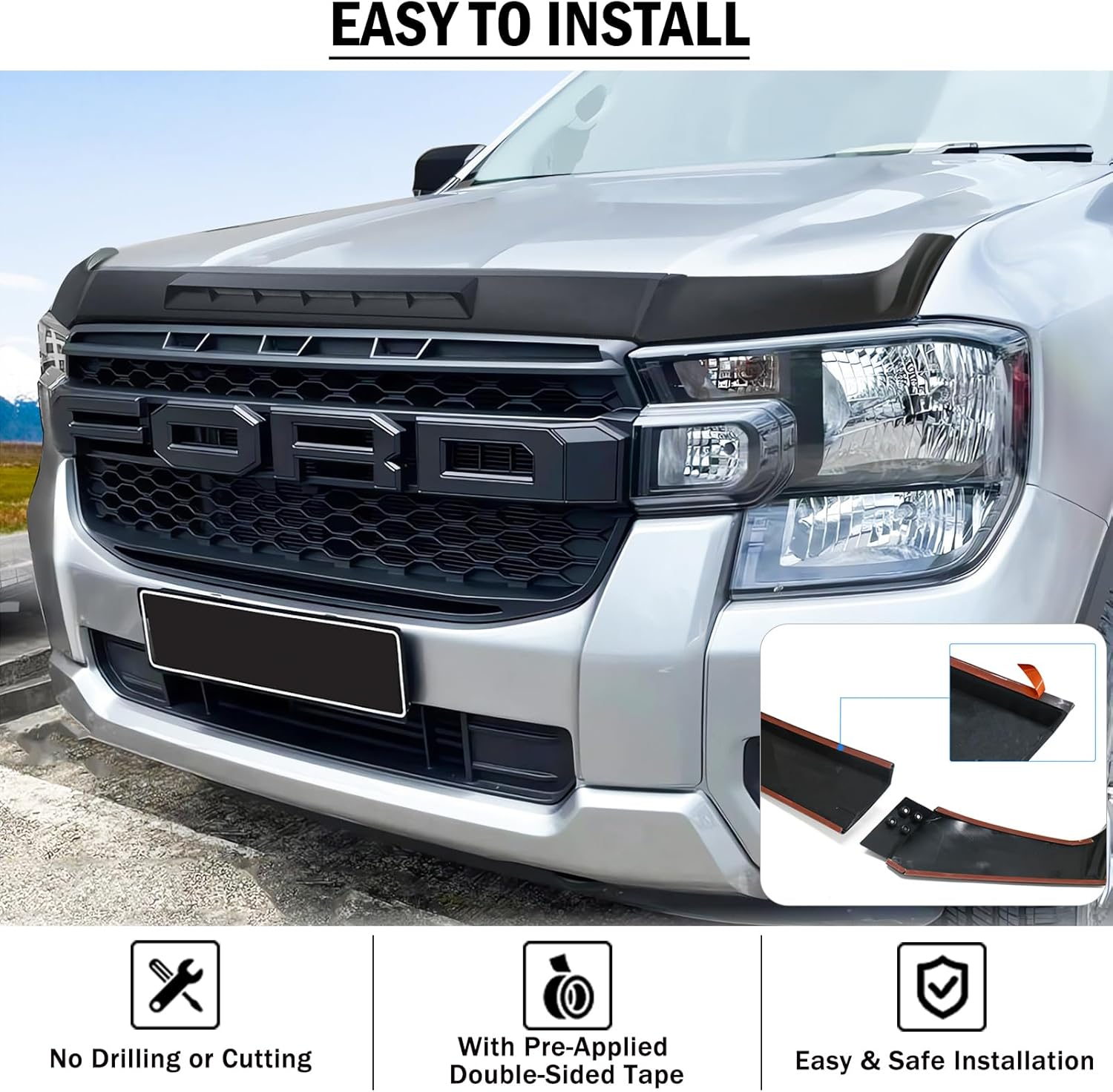 Bonnet Protector for Ford Ranger Next Gen 2022 2023 2024 2025 Accessories, Car Front Bonnet Guard Cover Trim Exterior Ute Accessories Matte Black