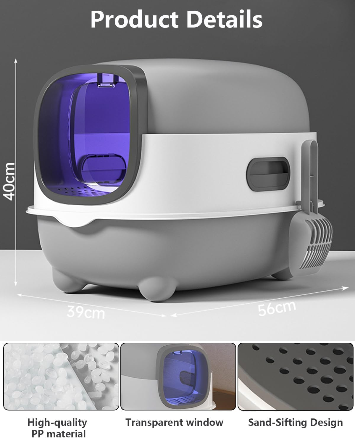 Extra Large Cat Litter Box with UV Sterilizer & Removable Lid - 56X39X40Cm Enclosed Litter Pan for Large Breed & Multiple Cats,Odor Control,Includes Scoop & Anti-Splash Design image number 5