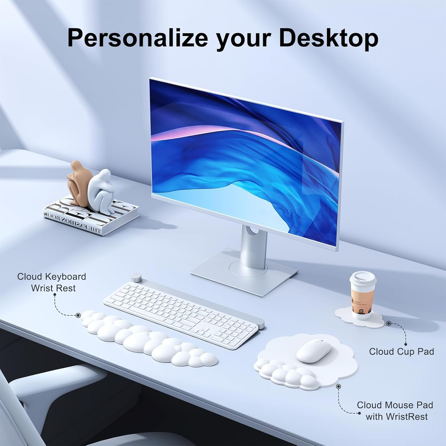 Keyboard Cloud Wrist Rest Set, Cloud Mouse Pad and Coaster, Memory Foam White Keyboard Wrist Rest with Leather Surface Non-Slip Base, for Typing Pain Relief, Office, Gaming, Computer, Laptop