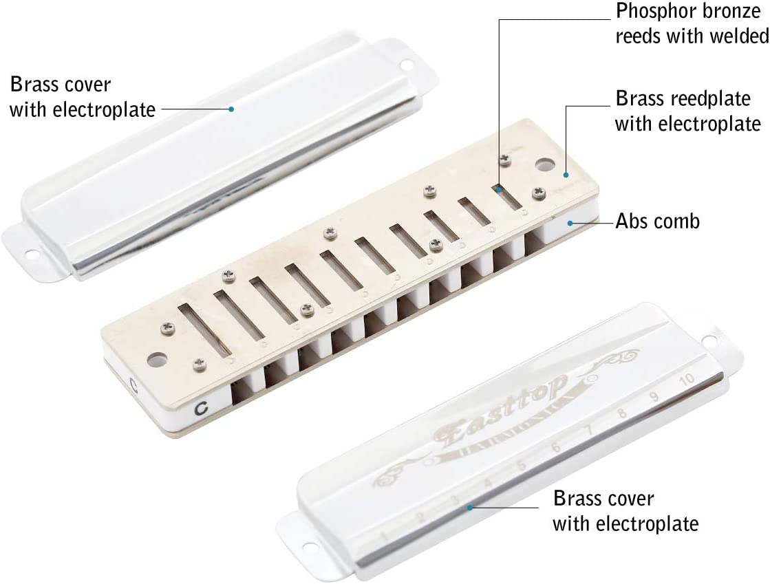 East Top Harmonica Key of C, Silver 10 Holes Diatonic T008 Harp Mouth Organ Harmonica for Adults,Professionals, Beginner, Students and Kids - Key Of C image number 1