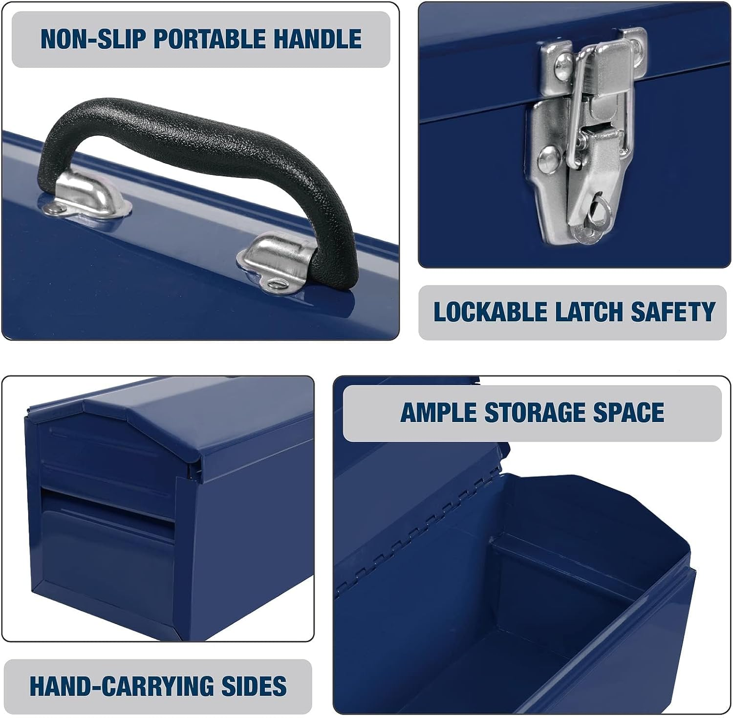 TCE ATB101U-1 Torin Portable Steel Tool Box: 19" Hip Roof Style with Metal Latch Closure and Removable Storage Tray, Blue image number 2