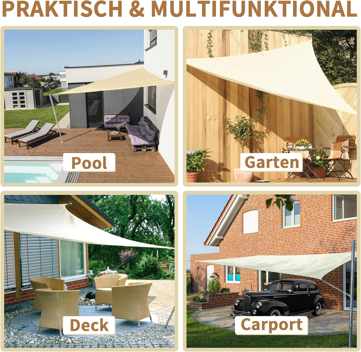 Shade Sail 3.6&times;3.6&times;3.6M Beige Square Waterproof Sun Shade Sail Canopy Awning, 95% UV Blockage UV & Water Resistant, Outdoor Backyard Patio Garden Carport image number 5