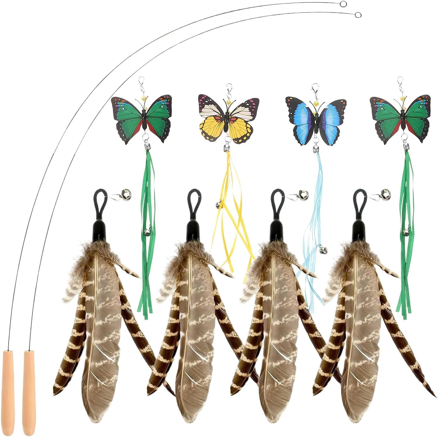 Adpartner Cat Wand Toys, 10-Pack Cat Teaser Toys with 8Pcs Replacement Feathers Butterflies & 2Pcs Flexible Steel Wire Teaser Wands, Interactive Cat Feather Toys with Bells for Play Chase Exercise image number 1