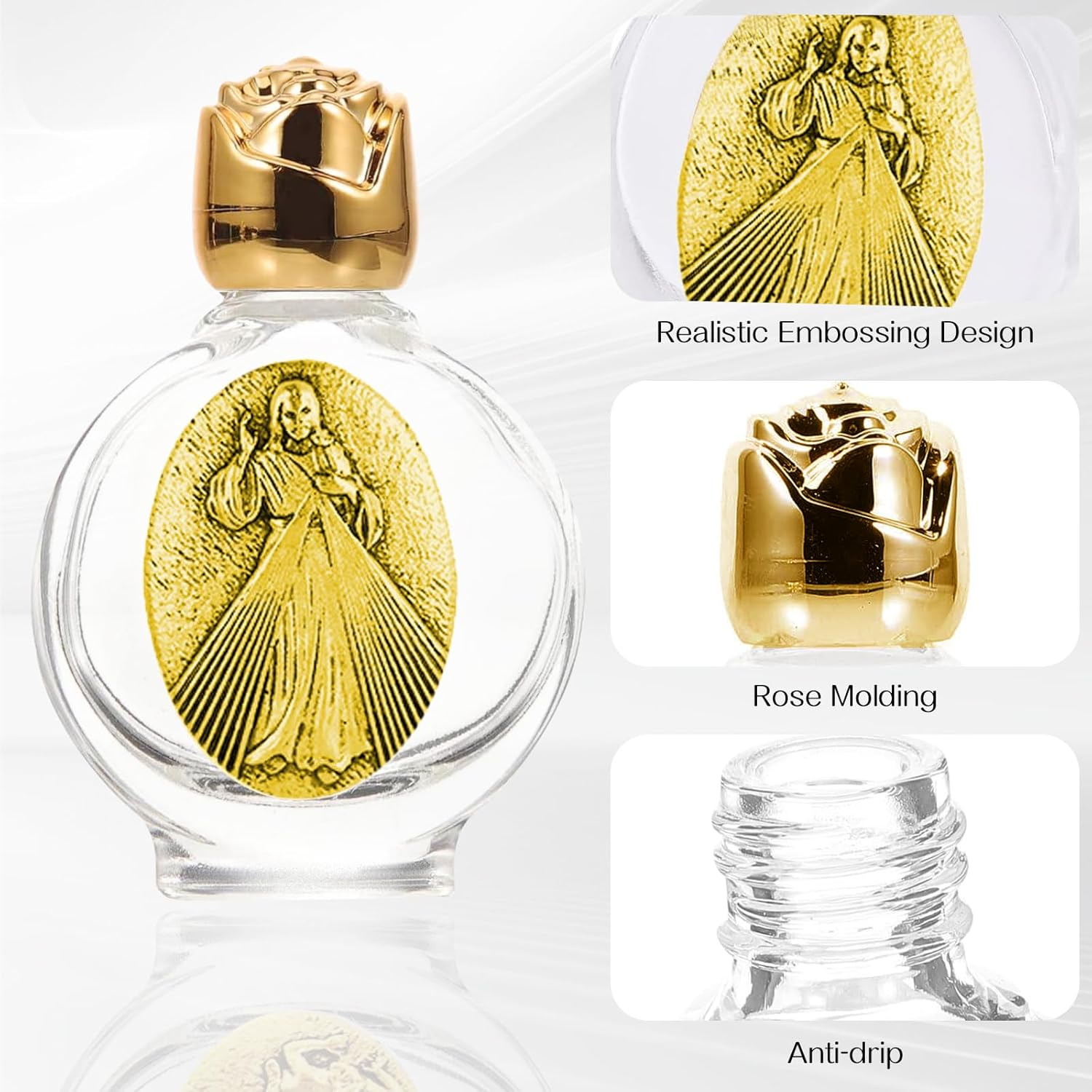 12 Pcs Embossed Holy Water Bottles 0.5 Floz Glass Water Bottle Portable Holy Water Container Church Blessing Decorations Bottles for Home Wedding Baptism Party Favors (Divine Mercy, Silver) image number 2