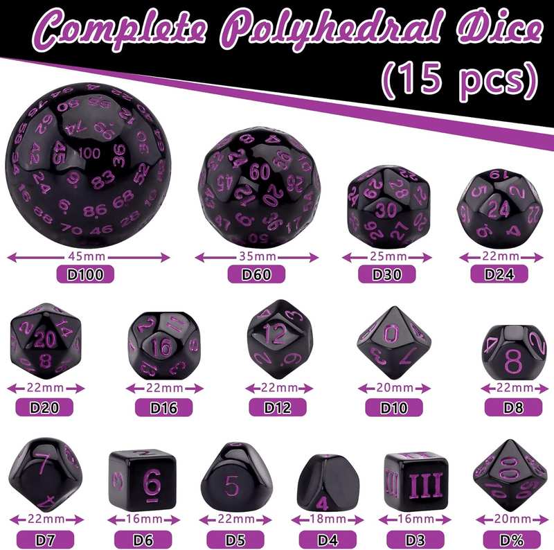 AUSTOR 15 Pieces Complete Polyhedral Dice Set D3-D100 Game Dice Set with a Leather Drawstring Storage Bag for Role Playing Table Games(Black & Purple) image number 4