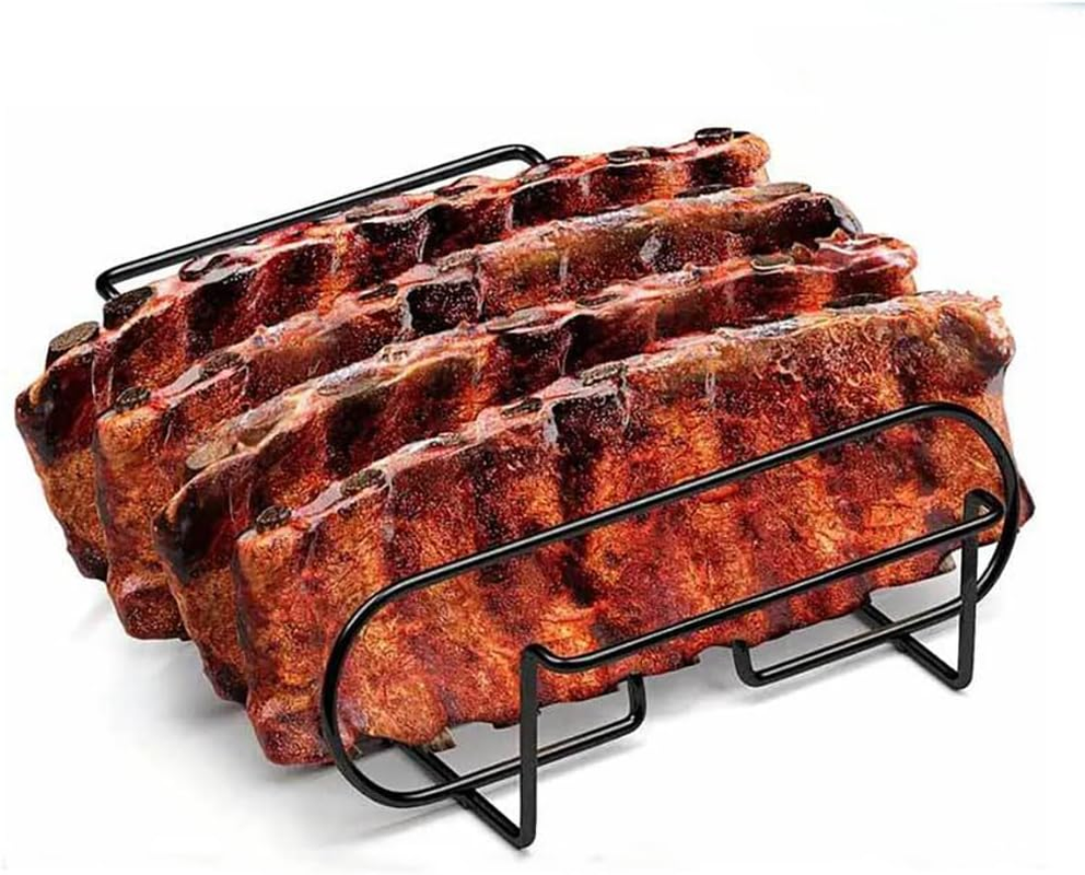 BBQ Rib Rack, Non-Stick Carbon Steel Roasting Stand for Smoking, Gas or Charcoal Grill Holds up to 5 Back Ribs Smoker Rack for Grilling and Barbecue (Black)