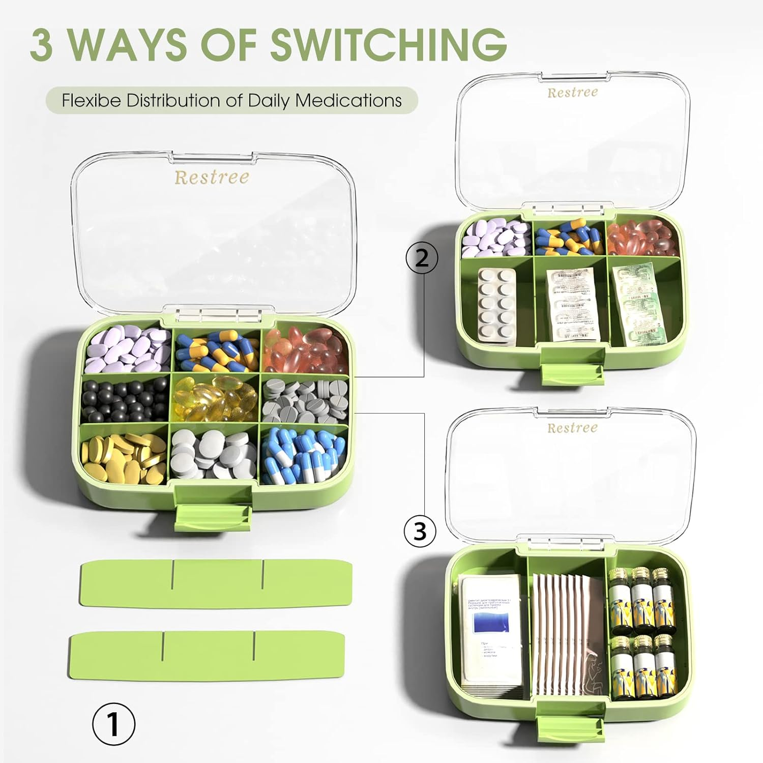 RESTREE Pill Organizer, Portable Pill Dispenser, Moisture-Proof Travel Pill Case for Vitamin, Medicine, Fish Oil/Supplements Extra Large 9 Compartments(Green) image number 5