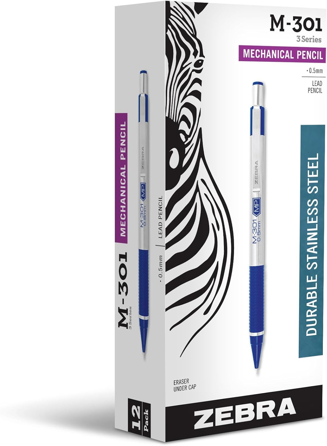 Zebra Pen M-301 Mechanical Pencil, Stainless Steel Barrel, Fine Point, 0.5Mm, Blue Grip, 12-Pack