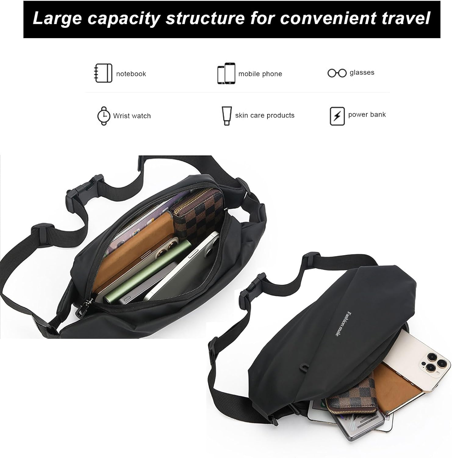 Large Crossbody Waist Bag for Women Men, Fanny Pack Phone Bag for Running, Waterproof Belt Bag Fits All Phones, Bum Bag with Adjustable Strap for Sport Travel Workout Hiking Cycling (Black)