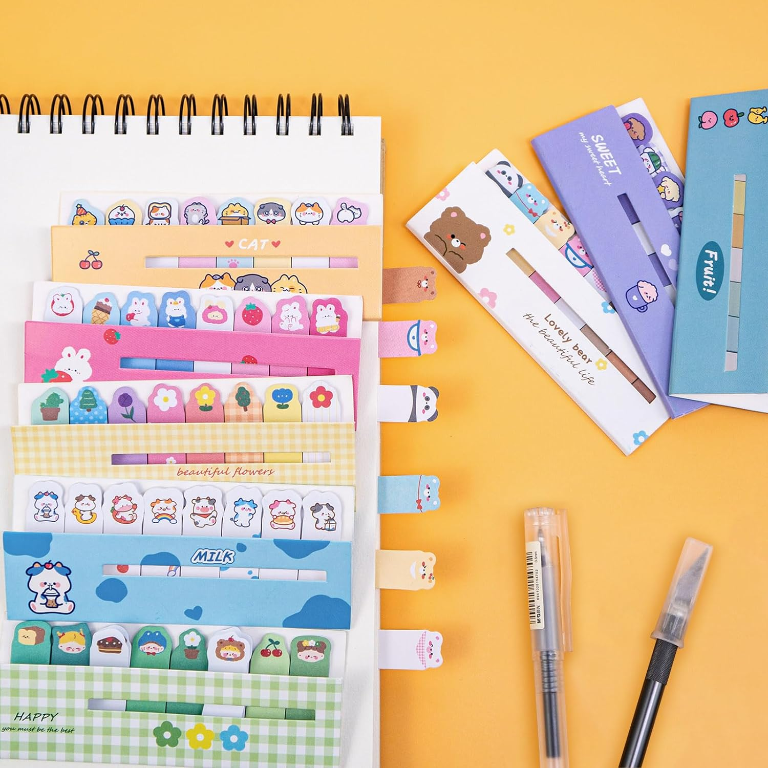 16 Pack Cute Sticky Notes, Animals Plant Foods Mini Self-Stick Index Tabs, 8 Styles Bookmarks Memo Pad Sticky Note for Office School, 1920 Sheets