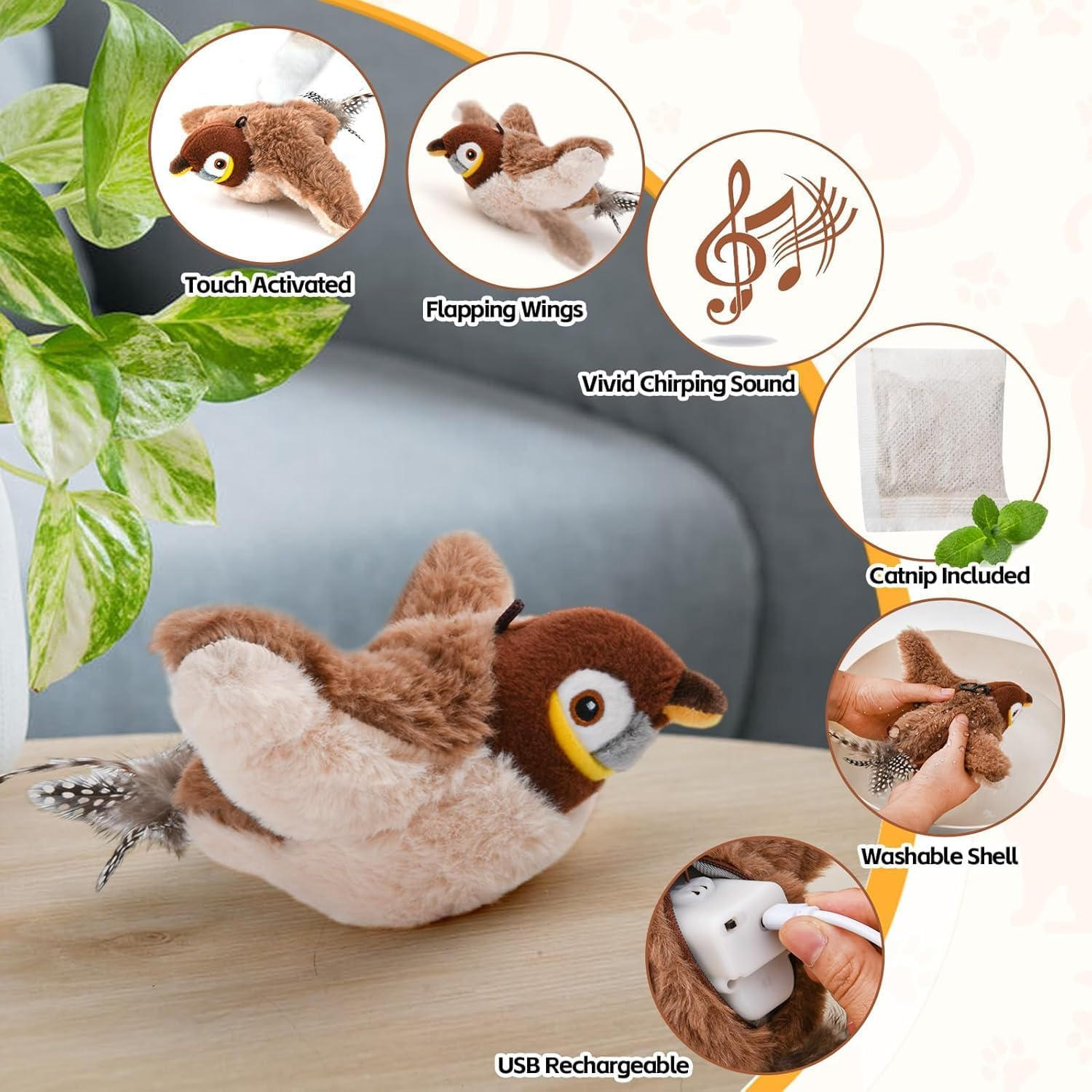 Cat Toys, Flapping Wings Sparrow Interactive Catnip Toys, Simulation Bird Singing Cat Toy, Electric Interactive Cat Toys for Indoor Cats, Rechargeable (Sparrow) image number 1