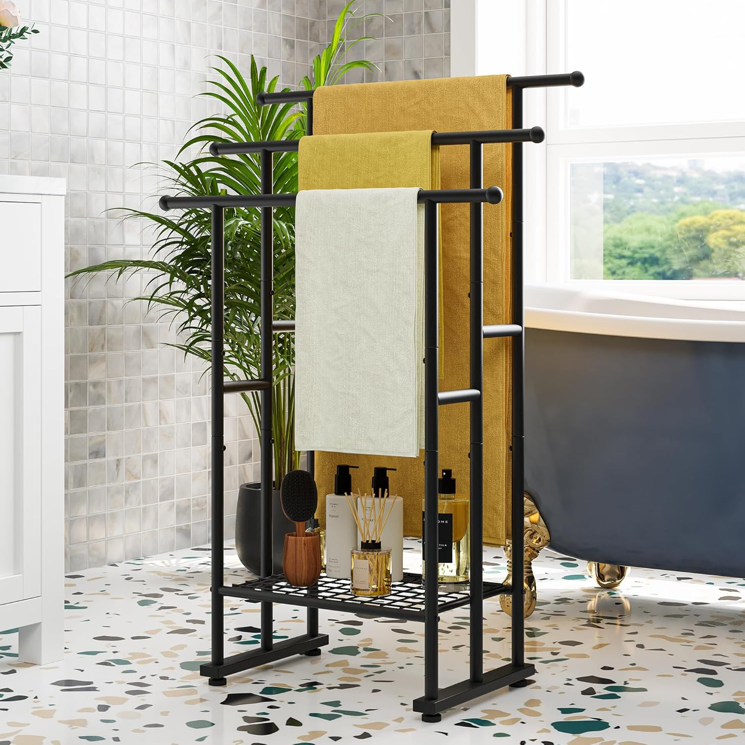 Tall Free Standing Towel Racks for Bathroom Towel Rack Stand with Storage Basket,3 Tiers Floor Bath Towel Holder,Anti-Rust Chrome Ladder Towel Bar,Silver