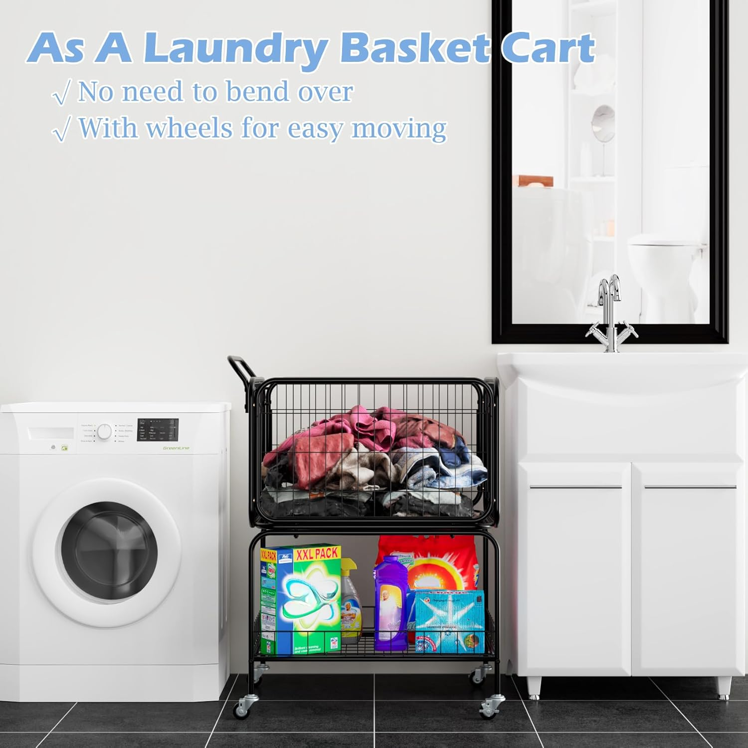 Ball Storage, Tennis Ball Cart for 350 Balls, Trolley Cart with Wheels Laundry Basket, Extra Large Utility Trolley for Storage Sport Equipments DIY Tools Toys Ball Hopper Tennis Racket image number 6
